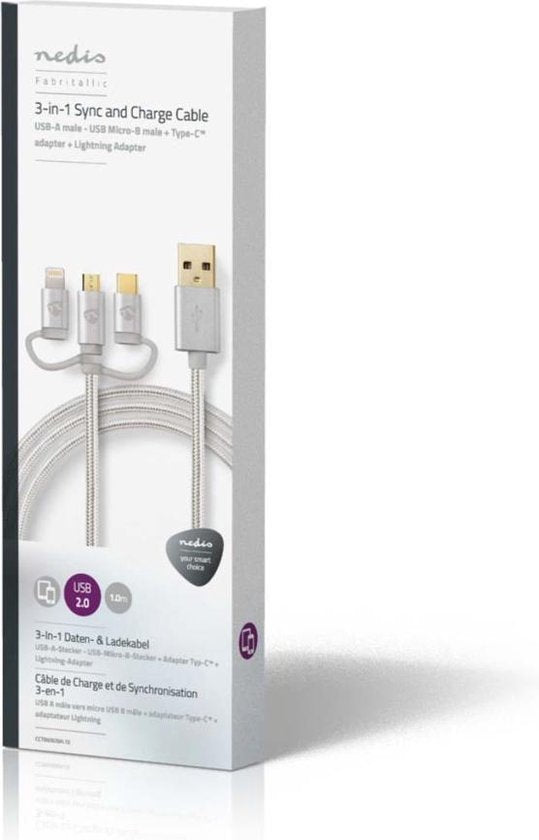 Nedis 3-in-1-Kabel - USB 2.0 - USB-A Male - Apple Lightning 8-Pins / USB Micro-B Male / USB-C Male - 480 Mbps - 1.00 m - Verguld - Rond - PVC - Aluminium - Cover Window Box - afbeelding 8