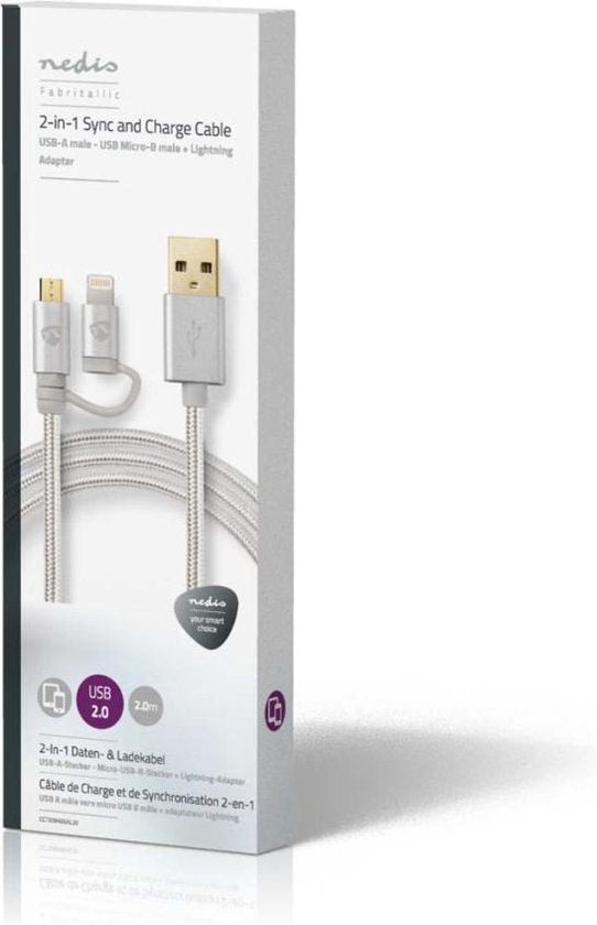 Nedis 2-in-1-Kabel - USB 2.0 - USB-A Male - Apple Lightning 8-Pins / USB Micro-B Male - 480 Mbps - 2.00 m - Verguld - Rond - Gevlochten - Aluminium - Cover Window Box - afbeelding 7