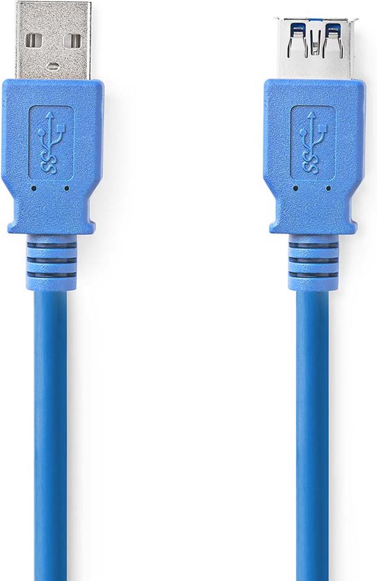 Nedis USB-Kabel - USB 3.2 Gen 1 - USB-A Male - USB-A Female - 5 Gbps - Vernikkeld - 2.00 m - Rond - PVC - Blauw - Doos - afbeelding 1