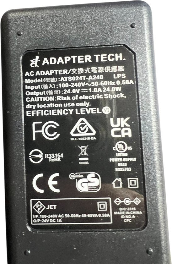 Adapter / Universele lader Input 100-240 v - Output 24 v - 1,0 A (24 w) Merk Adapter Tech Incl. 1,80 mtr laadkabel - afbeelding 2
