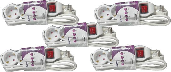 SUPER SALE 5 x Stekkerblok van het merk Orno met verlichte schakelaar 3 voudig WIT (LET OP NIET GESCHIKT VOOR BELGIE) - afbeelding 1