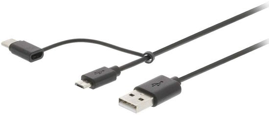 Nedis 2-in-1-Kabel - USB 2.0 - USB-A Male - USB Micro-B Male / USB-C Male - 480 Mbps - 1.00 m - Vernikkeld - Rond - PVC - Zwart - Blister - afbeelding 11