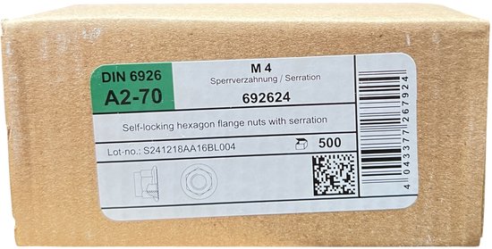 Flensmoer zelfborgend M4 DIN 6926 RVS A2-50 SW7 (500 stuks) - afbeelding 2