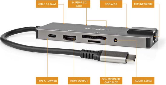 Nedis USB Multi-Port Adapter - 10-in-1 - USB 3.2 Gen 1 - USB-C Male - HDMI Output / RJ45 Female / SD / 2x USB-C / 3,5 mm Female / 3x USB-A Female - 5 Gbps - 0.20 m - Rond - Verguld - PVC - afbeelding 4