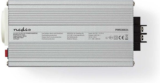 Nedis Omvormer Gemodificeerde Sinusgolf - Ingangsvoltage: 24 V DC - Apparaat stroomoutput: Type F (CEE 7/3) / USB-A - 230 V AC 50 Hz - 300 W - Piekvermogen: 600 W - Accuklemmen + Aansteker - Zilver - afbeelding 4