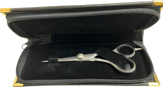 Kappersschaar Goede kwaliteit/prijsverhouding te Gebruiken voor alle Natuurlijke Haren voor Mens en Dier, Rechtshandig 5,5 inch Matzilver met Leatherlook Etui - afbeelding 3