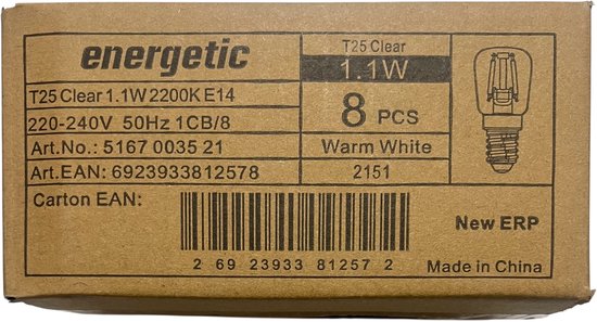 8 x Energetic E14 T25 1,1 W (14 W) Warm White (2200 k) Koelkast / Oven / Schakelbordlamp - afbeelding 5