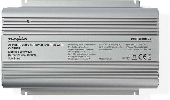 Nedis Inverter Gemodificeerde Sinusgolf - Ingangsvoltage: 24 V DC - Apparaat stroomoutput: 2 - 230 V AC 50 Hz - 1000 W - Piekvermogen: 2400 W - Type stopcontact: F (CEE 7/3) - Accuklemmen - Zilver - afbeelding 4