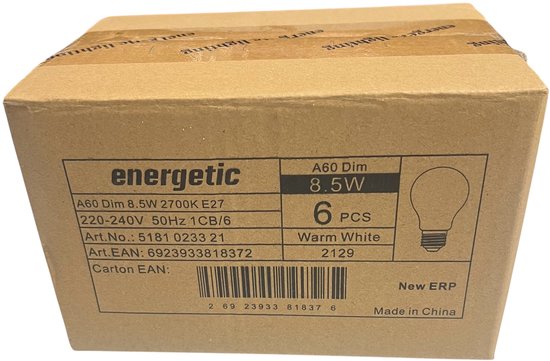 6 x Energetic E27 LED A60 Dimbaar Warm Wit (2700 K) mat Dimbaar 8.5 W (75w) 1055 Lumen Mat Glas (let op alleen dimbaar met een LED geschikte Dimmer) - afbeelding 4