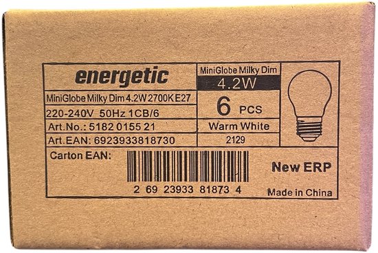 6 x Energetic LED Mini kogel Filament E27 4,2W 2700K 230V - Warm Wit - Dimbaar - afbeelding 3