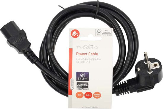 Nedis Stroomkabel - Type F (CEE 7/7) Male - IEC-320-C13 - Gehoekt - Recht - Vernikkeld - 2.00 m - Rond - PVC - Zwart - Label - afbeelding 2