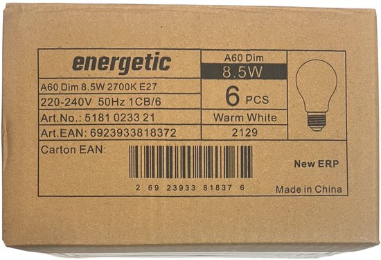 6 x Energetic E27 LED A60 Dimbaar Warm Wit (2700 K) mat Dimbaar 8.5 W (75w) 1055 Lumen Mat Glas (let op alleen dimbaar met een LED geschikte Dimmer) - afbeelding 6