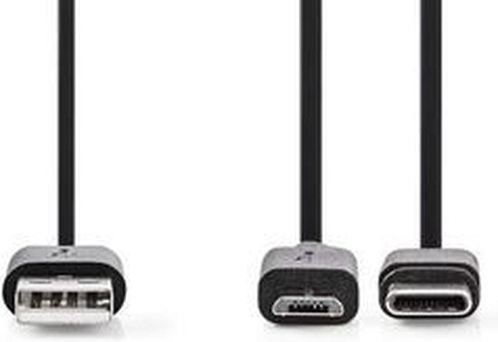 Nedis 2-in-1-Kabel - USB 2.0 - USB-A Male - USB Micro-B Male / USB-C Male - 480 Mbps - 1.00 m - Vernikkeld - Rond - PVC - Zwart - Blister - afbeelding 4