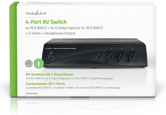 Nedis S-Video Switches - 4-Poorts poort(en) - Input: 4x Composiet-Video + S-Video - Output: 1x 3,5 mm / 1x Composiet-Video - 1024x576 - ABS - Zwart - afbeelding 6