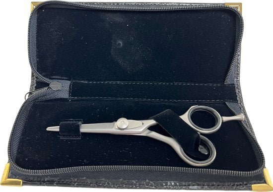 Kappersschaar Goede Kwaliteit Matzilver Rechts 5.5 inch met Stelschroef en Bewaaretui Leatherlook - afbeelding 4