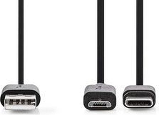 Nedis 2-in-1-Kabel - USB 2.0 - USB-A Male - USB Micro-B Male / USB-C Male - 480 Mbps - 1.00 m - Vernikkeld - Rond - PVC - Zwart - Blister - afbeelding 5