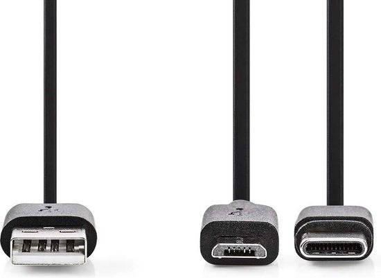 Nedis 2-in-1-Kabel - USB 2.0 - USB-A Male - USB Micro-B Male / USB-C Male - 480 Mbps - 1.00 m - Vernikkeld - Rond - PVC - Zwart - Blister - afbeelding 10