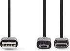 Nedis 2-in-1-Kabel - USB 2.0 - USB-A Male - USB Micro-B Male / USB-C Male - 480 Mbps - 1.00 m - Vernikkeld - Rond - PVC - Zwart - Blister - afbeelding 10