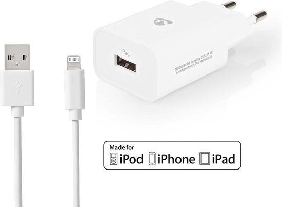 Nedis Oplader - 12 W - 1x 2.4 A - Outputs: 1 - USB-A - Lightning 8-Pins (Los) Kabel - 1.00 m - Single Voltage Output - Wit - afbeelding 1