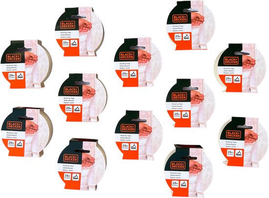 Black + Decker 12 stuks Masking Tape, Afplaktape, 25 Mtr x 25 mm SALE !! - afbeelding 3