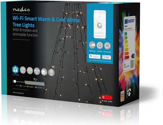 Nedis SmartLife-kerstverlichting - Boom - Wi-Fi - Warm tot Koel Wit - 200 LED's - 20.0 m - 10 x 2 m - Android / IOS - afbeelding 1