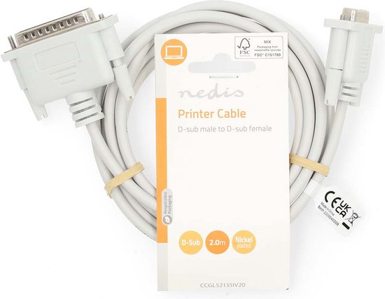 Nedis Seriële Kabel - D-SUB 25-Pins Male - D-SUB 9-Pins Female - Vernikkeld - 2.00 m - Rond - PVC - Ivoor - Label - afbeelding 2