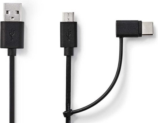 Nedis 2-in-1-Kabel - USB 2.0 - USB-A Male - USB Micro-B Male / USB-C Male - 480 Mbps - 1.00 m - Vernikkeld - Rond - PVC - Zwart - Blister - afbeelding 6
