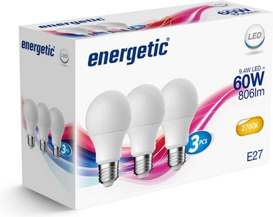 Energetic LED Bulb Lampen E27 60W 3 Stuks - afbeelding 1