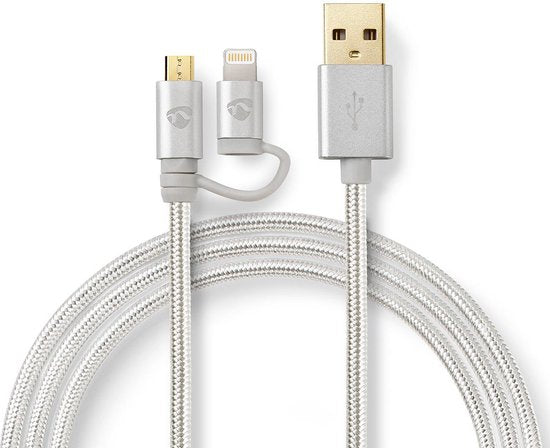 Nedis 2-in-1-Kabel - USB 2.0 - USB-A Male - Apple Lightning 8-Pins / USB Micro-B Male - 480 Mbps - 2.00 m - Verguld - Rond - Gevlochten - Aluminium - Cover Window Box - afbeelding 1
