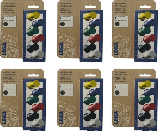 Lega Maxi Push Pins Zwart 6 x 4 stuks - afbeelding 1