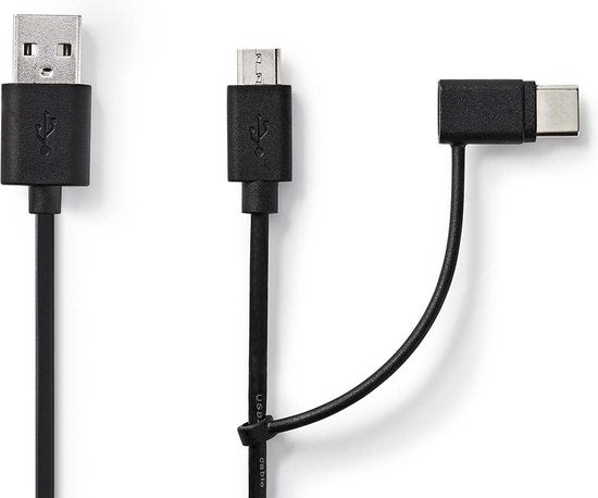 Nedis 2-in-1-Kabel - USB 2.0 - USB-A Male - USB Micro-B Male / USB-C Male - 480 Mbps - 1.00 m - Vernikkeld - Rond - PVC - Zwart - Blister - afbeelding 1