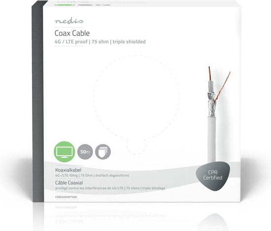 Nedis Coaxkabel op Haspel - 4G / LTE Secure - 75 Ohm - Drievoudig Afgeschermd - ECA - 50.0 m - Coax - PVC - Wit - Gift Box - afbeelding 2