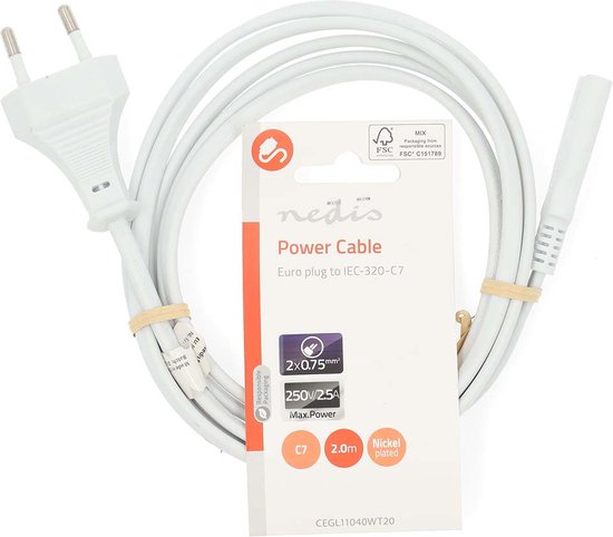 Nedis Stroomkabel - Euro Male - IEC-320-C7 - Recht - Recht - Vernikkeld - 2.00 m - Plat - PVC - Wit - Label - afbeelding 2