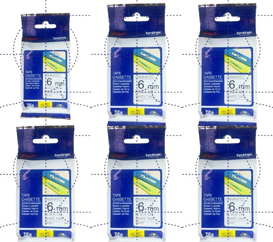 SALE Supervoordelig 6 Pack Originele Labelprintertape Brother TZe-211 6mm x 8 meter Black on White Laminated - afbeelding 2