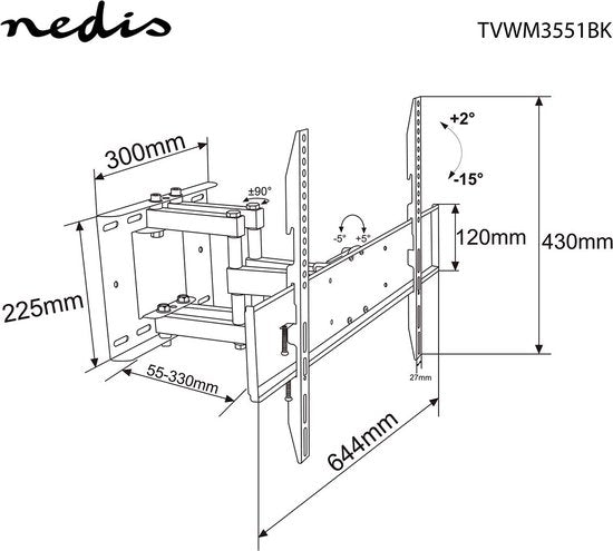 Nedis Draai en Kantelbare TV Muurbeugel - 37 t/m 80 Inch - Max 35 Kg - Zwart - afbeelding 3