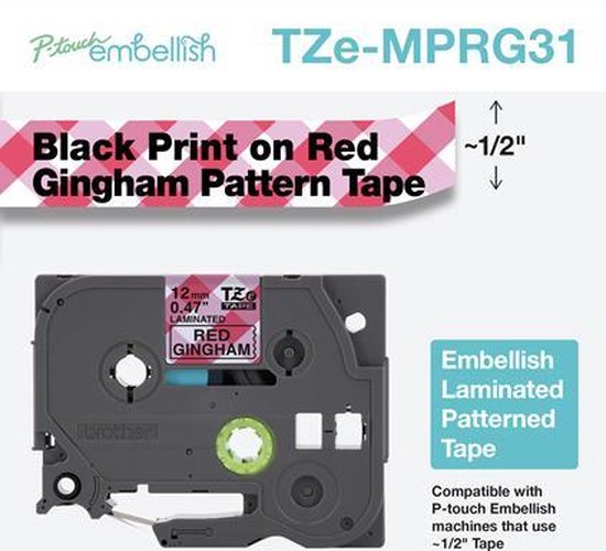 Brother TZe, TZ TZe-MPRG31 Tapekleur: Wit (met rood ruitmotief) Tekstkleur:Zwart 12 mm 4 m - afbeelding 3