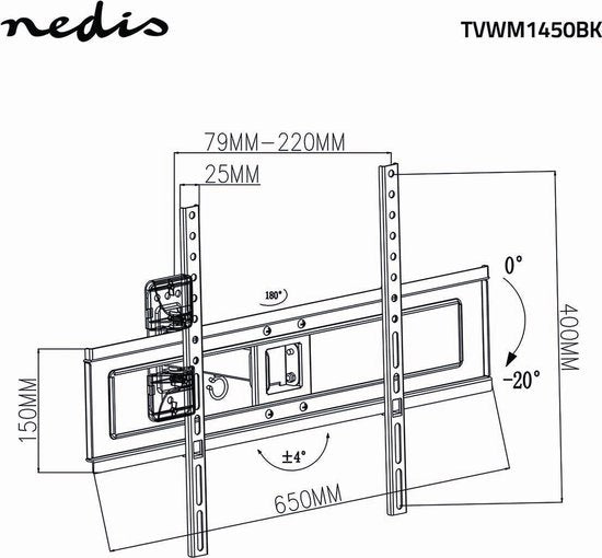 Nedis Draai en Kantelbare TV Muurbeugel - 37 t/m 70 Inch - Max 35 Kg - Zwart - afbeelding 4