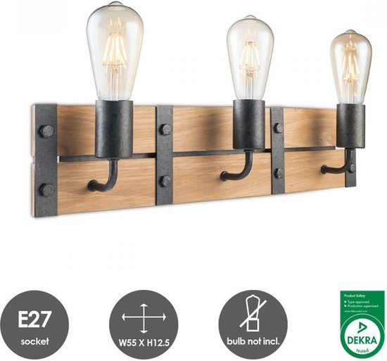 Home Sweet Home - Industriële Wandlamp Denton - Muurlamp gemaakt van hout - Antraciet - 55/11/13cm - wandlamp geschikt voor woonkamer, slaapkamer- geschikt voor E27 LED lichtbron - afbeelding 9