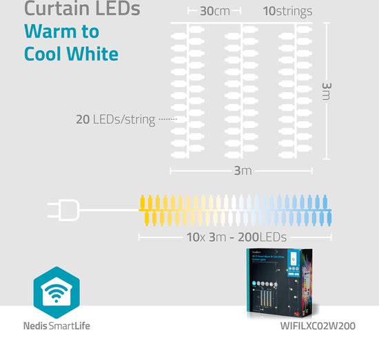 Nedis SmartLife-kerstverlichting - Gordijn - Wi-Fi - Warm tot Koel Wit - 200 LED's - 3.00 m - Android / IOS - afbeelding 10