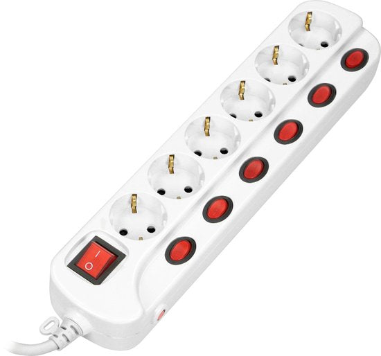 Luxe stekkerdoos met schakelaar - Verdeelstekker horizontaal 6-voudig - Verdeeldoos met overbelastingsbeveiliging - Kabellengte 1.5 meter - Wit - afbeelding 3