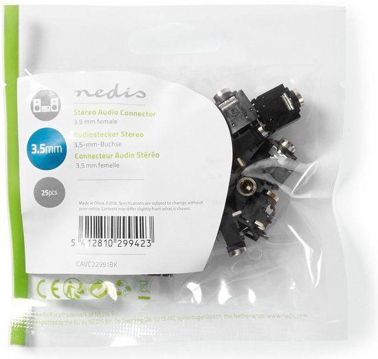 Nedis 3,5 mm Audioconnector - Gehoekt - Female - Vernikkeld - Solderen - Polyvinylchloride (PVC) - Zwart - 25 Stuks - Polybag - afbeelding 6
