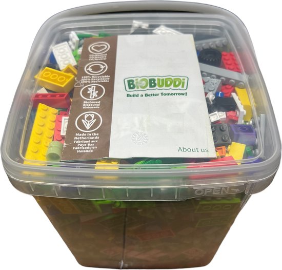 Biobuddi Mix van Ongeveer 2000 Stenen 2 Kilo (Compatible met o.a. Lego) in Emmer + 4 x Base-plate - afbeelding 1