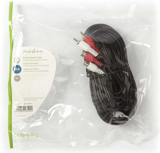 Stereo-Audiokabel - 2x RCA Male - 2x RCA Female - Vernikkeld - m - Rond - Zwart - afbeelding 3