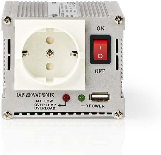 Nedis Omvormer Gemodificeerde Sinusgolf - Ingangsvoltage: 24 V DC - Apparaat stroomoutput: Type F (CEE 7/3) / USB-A - 230 V AC 50 Hz - 300 W - Piekvermogen: 600 W - Accuklemmen + Aansteker - Zilver - afbeelding 1