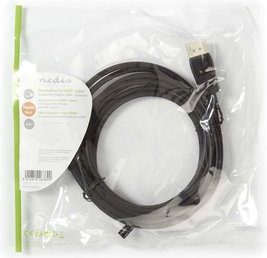 Nedis DisplayPort-Kabel - DisplayPort Male - HDMI Connector - 1080p - Vernikkeld - 3.00 m - Rond - PVC - Zwart - Envelop - afbeelding 3
