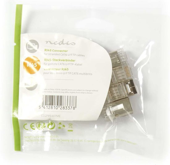 RJ45-Connector - Male - Stranded STP CAT6 - Recht - Verguld - 10 Stuks - PVC - Transparant - Polybag - afbeelding 2