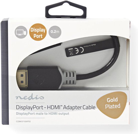 Nedis DisplayPort-Kabel - DisplayPort Male - HDMI Connector - 4K@30Hz - Verguld - 0.20 m - Rond - PVC - Antraciet - Doos - afbeelding 2