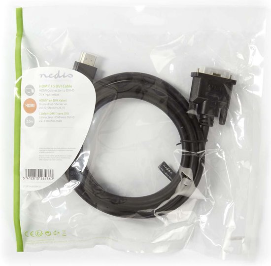 HDMI Kabel - HDMI Connector - DVI-D 24+1-Pins Male - 1080p - Vernikkeld - 2.00 m - Recht - PVC - Zwart - Envelop - afbeelding 3