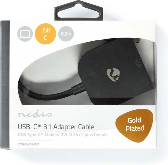 Nedis USB-C Adapter - USB 3.2 Gen 1 - USB-C Male - DVI-D 24+1-Pins Female - 1080p - 0.20 m - Rond - Verguld - PVC - Antraciet - Window Box met Euro Lock - afbeelding 5