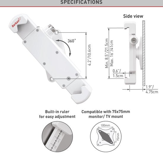 Barkan Vaste Anti-Diefstal Tablet Muurbevestiging 7 - 14 inch - Wit - afbeelding 2